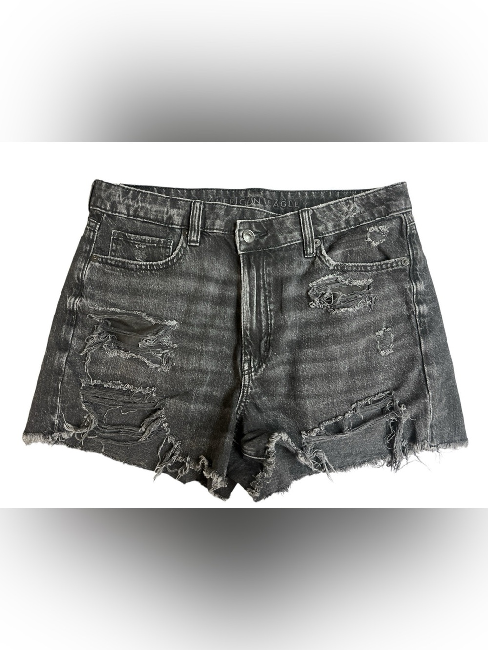 American Eagle Women's Black Denim Distressed Mom Short Shorts Thrasher Sz 8